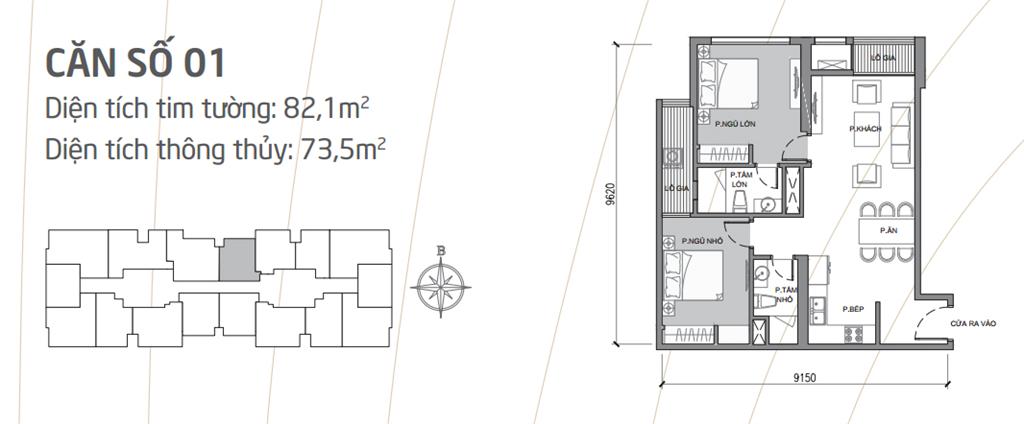 Căn hộ 01 tòa Park 1, diện tích 82m2, thiết kế 2 phòng ngủ sáng