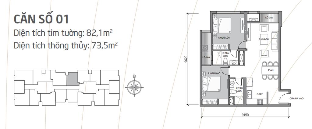 Căn hộ 01 tòa Park 1, diện tích 82m2, thiết kế 2 phòng ngủ sáng