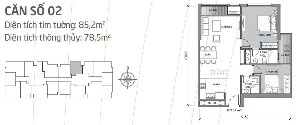 Căn hộ 02 tòa Park 1, diện tích 85.2m2, thiết kế 2 phòng ngủ sáng