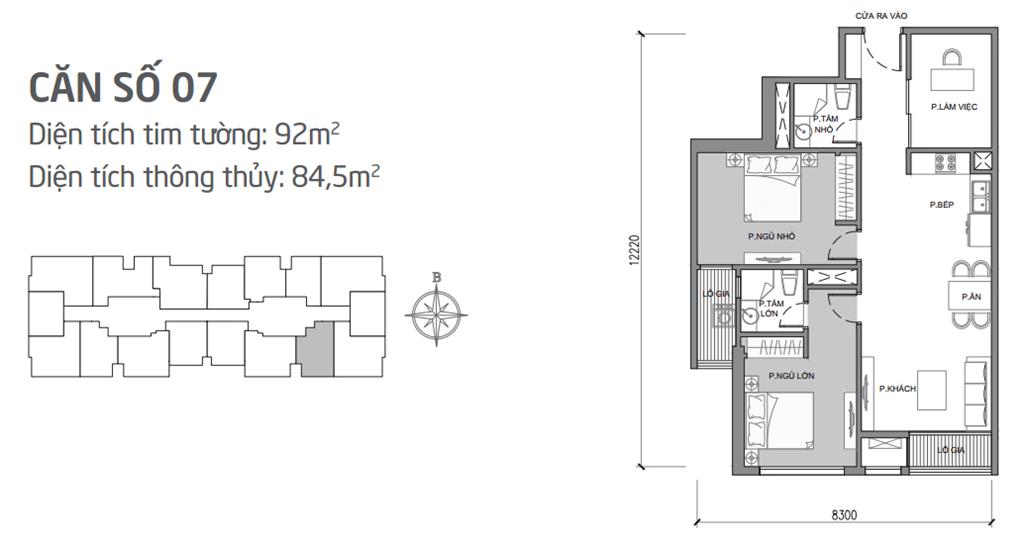 Căn hộ 07 tòa Park 1, diện tích 92m2, thiết kế 3 phòng ngủ sáng