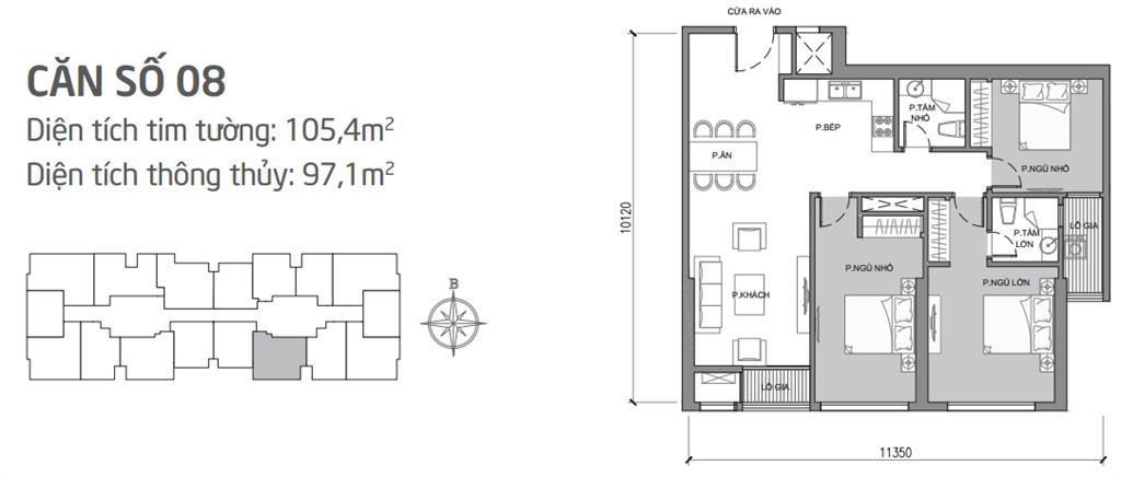 Căn hộ 08 tòa Park 1, diện tích 105.4m2, thiết kế 3 phòng ngủ sáng