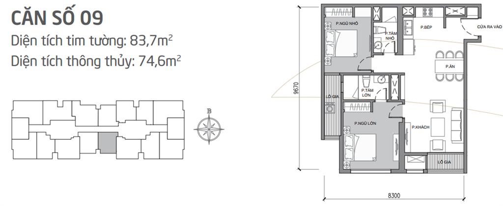 Căn hộ 09 tòa Park 1, diện tích 83.7m2, thiết kế 2 phòng ngủ sáng