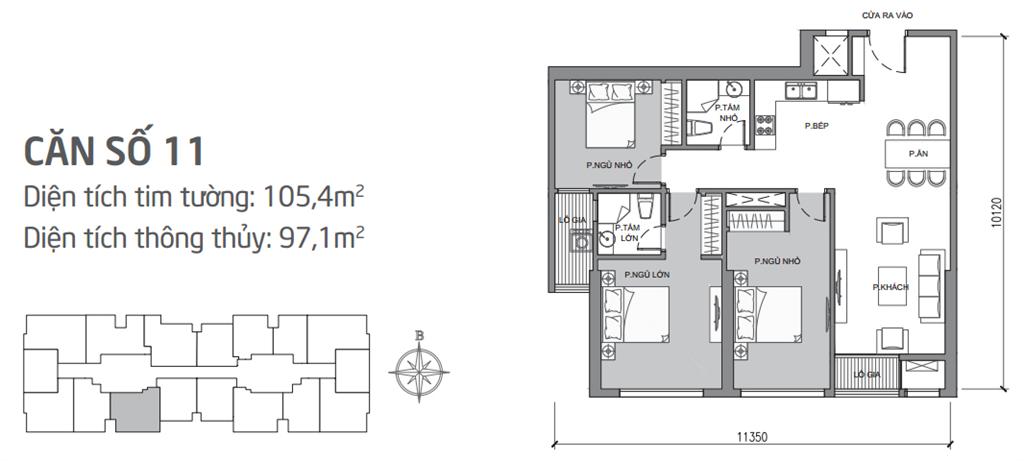 Căn hộ 11 tòa Park 1, diện tích 105.4m2, thiết kế 3 phòng ngủ sáng