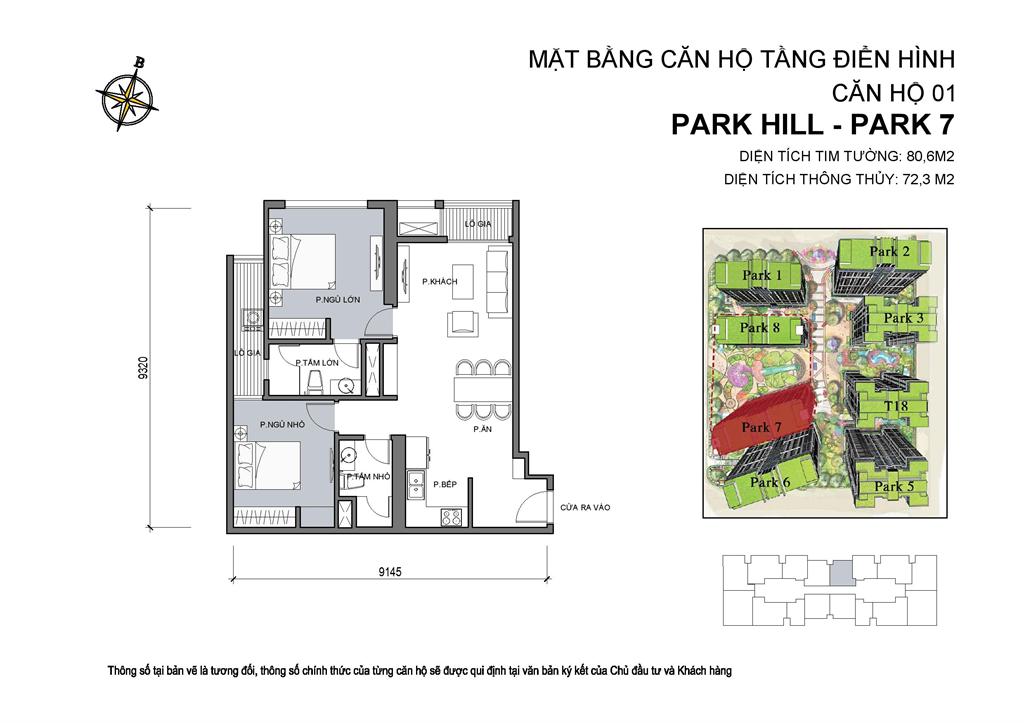 Mặt bằng căn hộ 01 Park 7, diện tích 80,6m2, 2 phòng ngủ