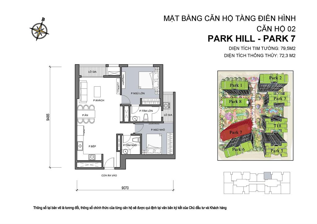 Mặt bằng căn hộ 02 Park 7, diện tích 79,5m2, 2 phòng ngủ