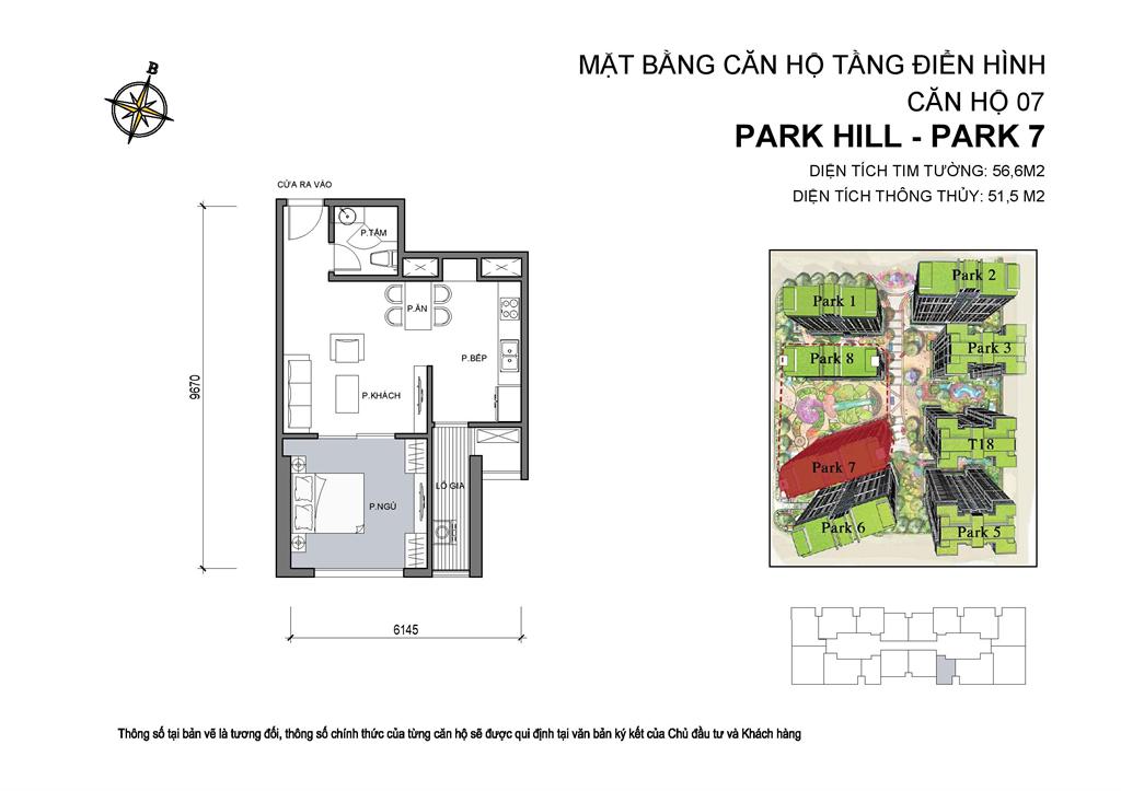 Mặt bằng căn hộ 07 Park 7, diện tích 56,6m2, 1 phòng ngủ