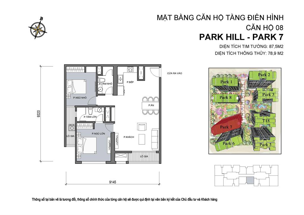 Mặt bằng căn hộ 08 Park 7, diện tích 87,5m2, 2 phòng ngủ