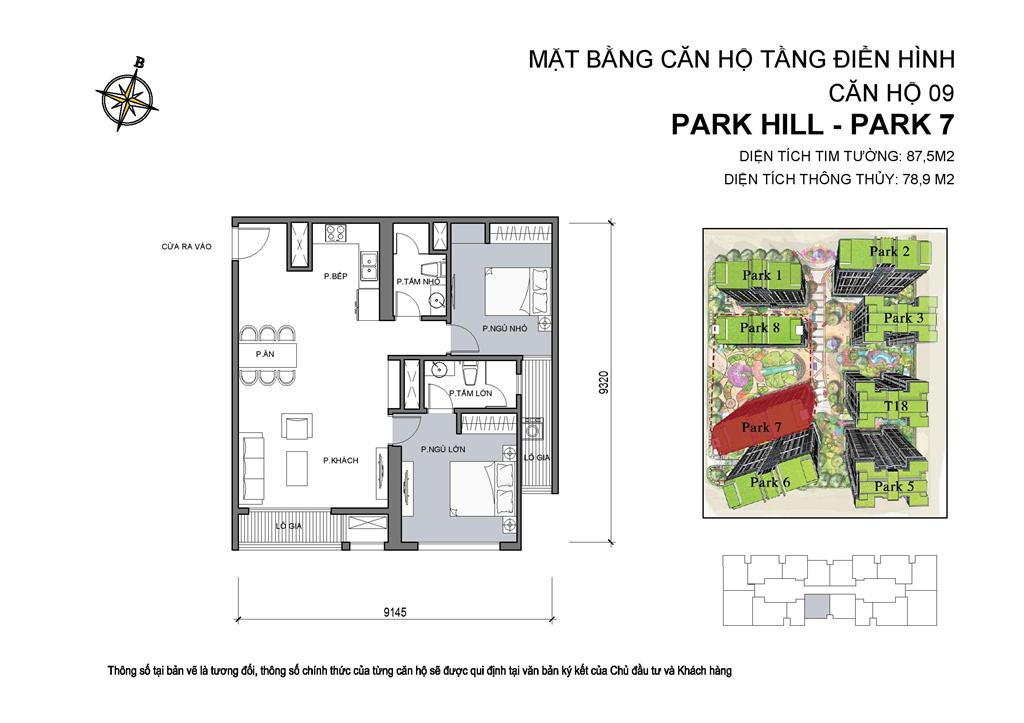 Mặt bằng căn hộ 09 Park 7, diện tích 87,5m2, 2 phòng ngủ