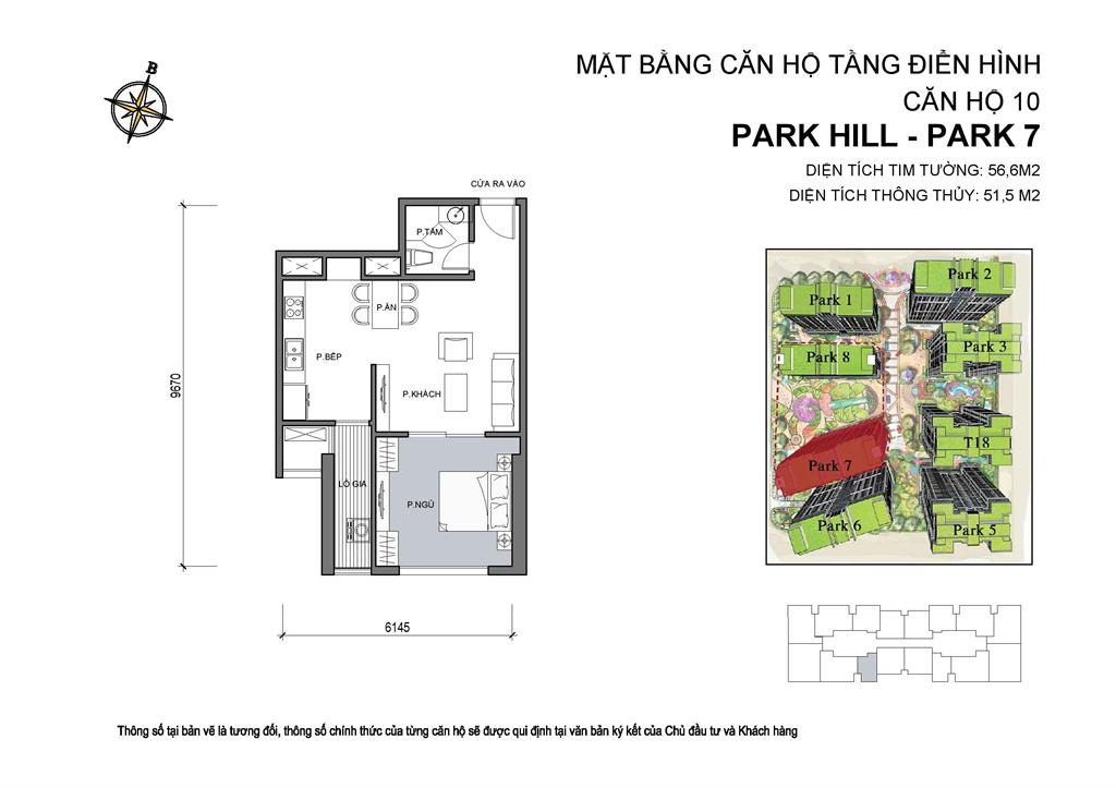 Mặt bằng căn hộ 10 Park 7, diện tích 56,6m2, 1 phòng ngủ