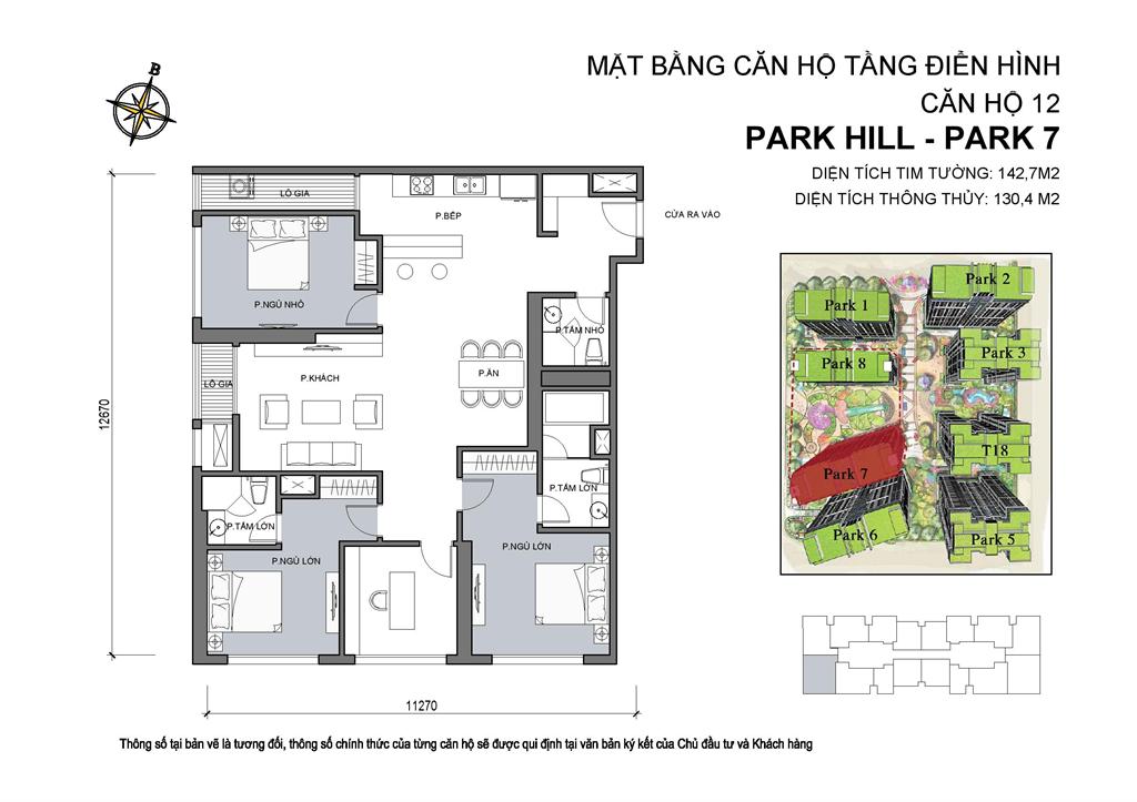 Mặt bằng căn hộ 12 Park 7, diện tích 142,7m2, 3 phòng ngủ