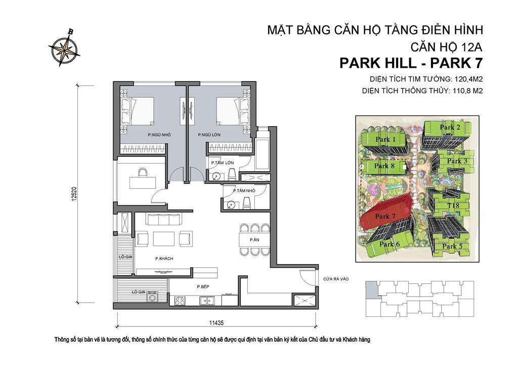 Mặt bằng căn hộ 12A Park 7, diện tích 120,4m2, 3 phòng ngủ