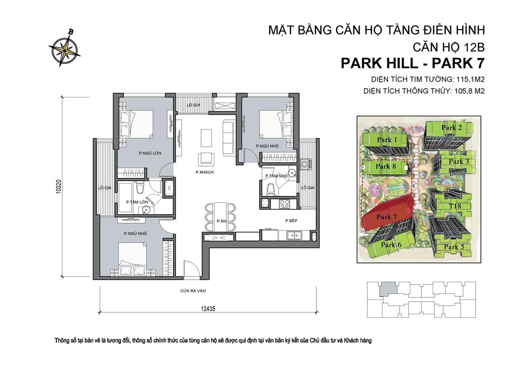 Mặt bằng căn hộ 12B  Park 7, diện tích 115,1m2, 3 phòng ngủ