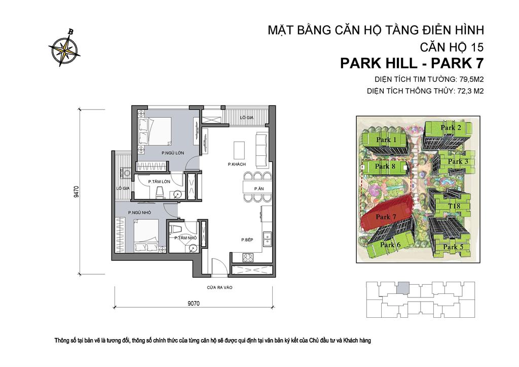 Mặt bằng căn hộ 15 Park 7, diện tích 79,5m2, 2 phòng ngủ