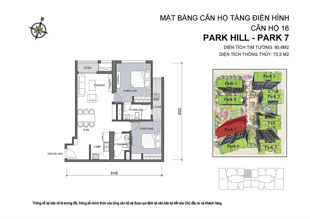 Mặt bằng căn hộ 16 Park 7, diện tích 80,6m2, 2 phòng ngủ 