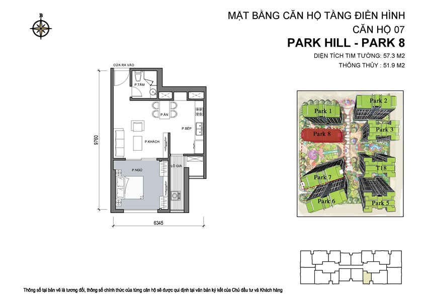 Mặt bằng căn hộ 07 Park 8, diện tích 57,3m2, 1 phòng ngủ