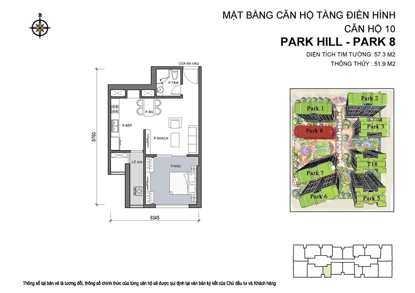 Mặt bằng căn hộ 10 Park 8, diện tích 57,3m2, 1 phòng ngủ