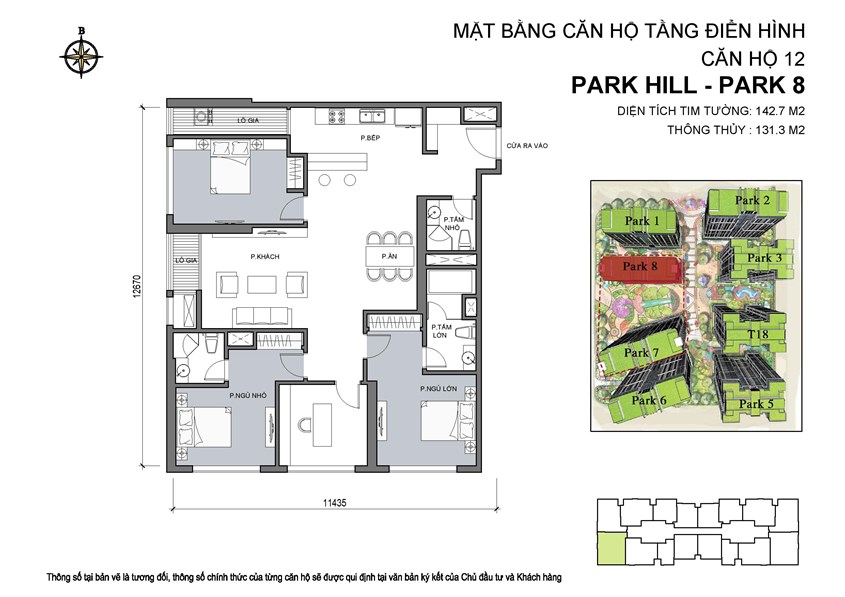 Mặt bằng căn hộ 12 Park 8, diện tích 142,7m2, 4 phòng ngủ