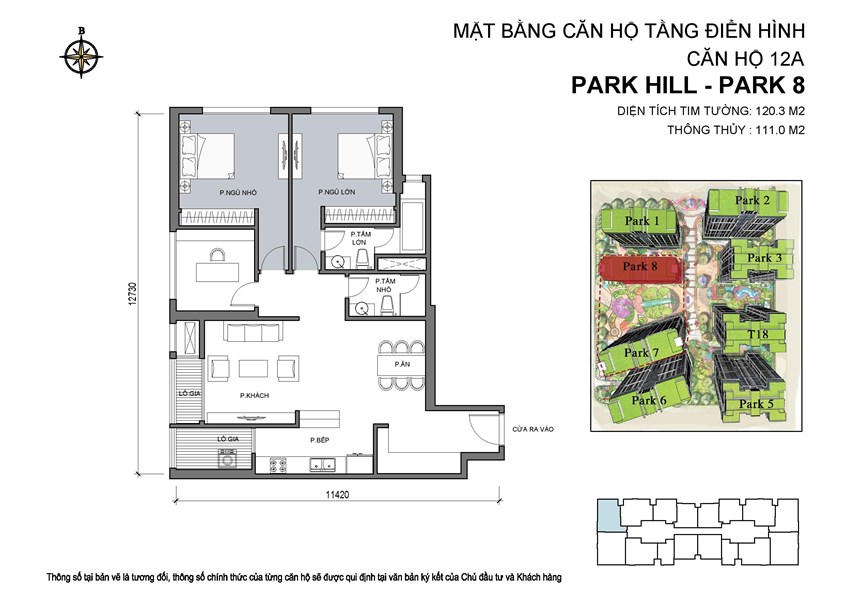 Mặt bằng căn hộ 12A Park 8, diện tích 120,3m2, 3 phòng ngủ