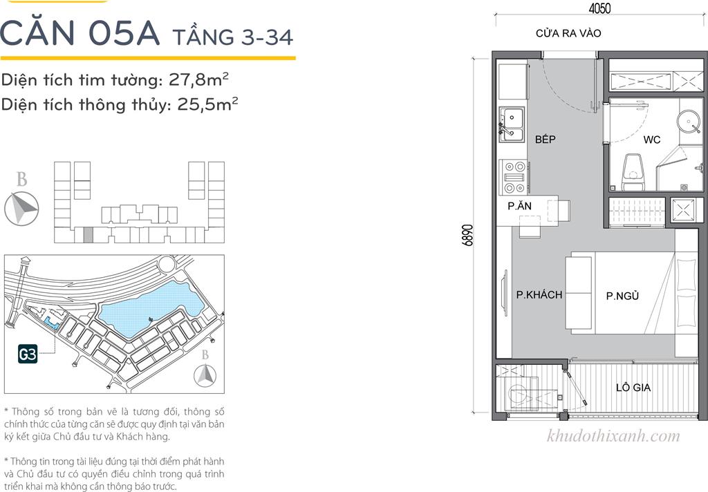 CĂN HỘ 05A TÒA G3 VINHOMES GREEN BAY - 1 phòng ngủ