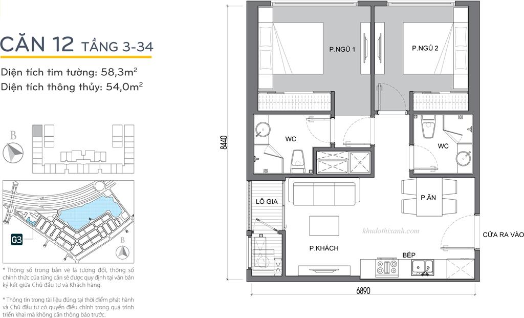 CĂN HỘ 12 TÒA G3 VINHOMES GREEN BAY - THE RESIDENCE - 2 phòng ngủ