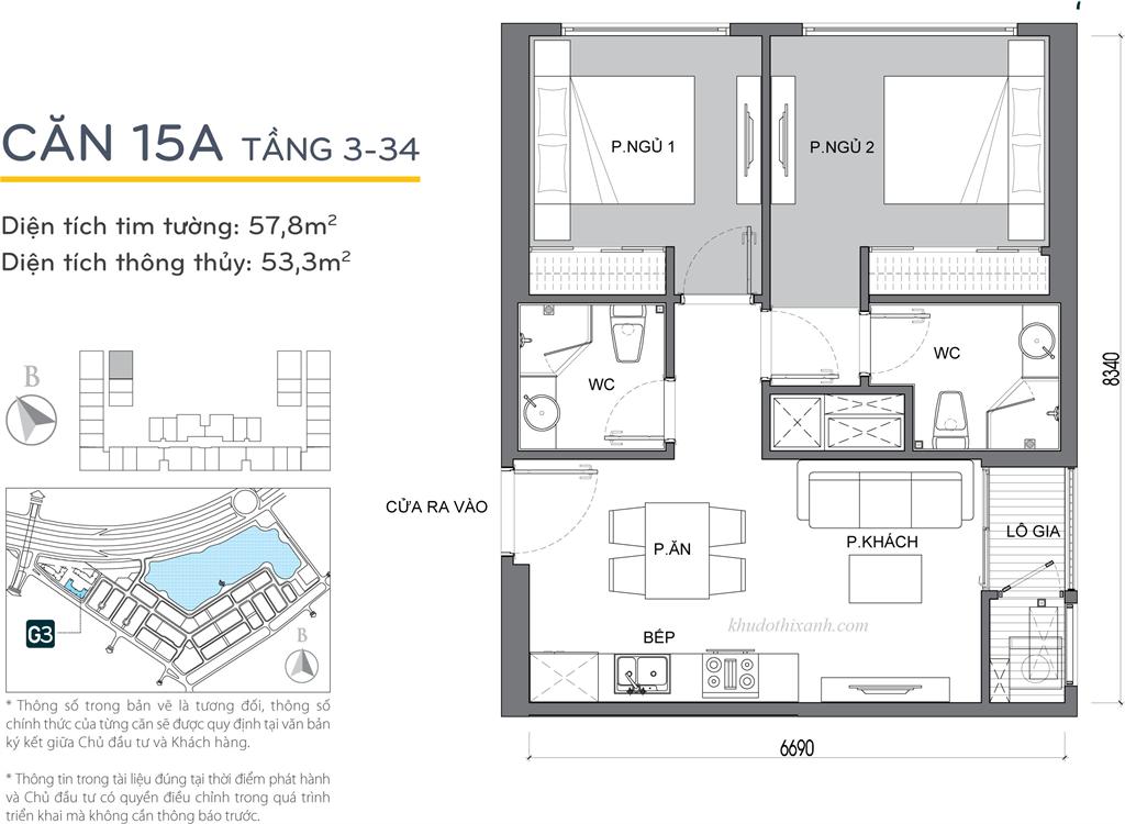 CĂN HỘ 15A TÒA G3 VINHOMES GREEN BAY - THE RESIDENCE - 2 phòng ngủ