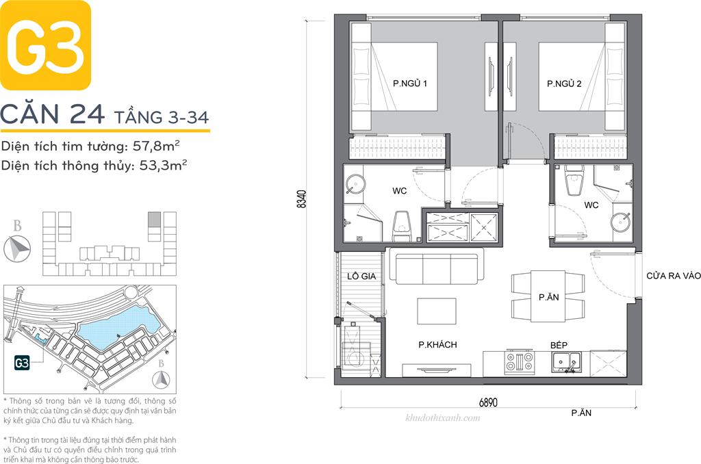 CĂN HỘ 24 TÒA G3 VINHOMES GREEN BAY - THE RESIDENCE - 2 phòng ngủ